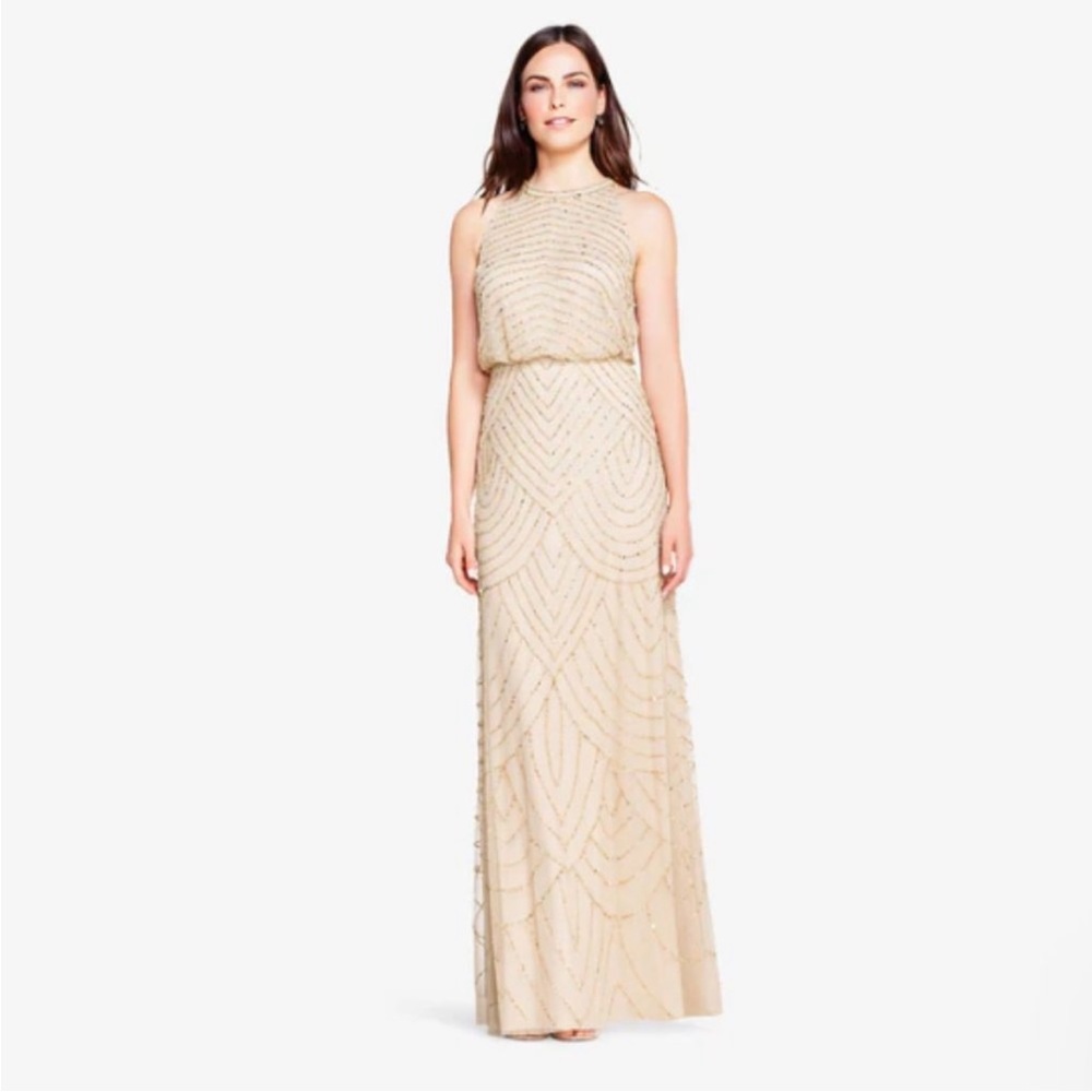 NWT Adrianna Papell - ART DECO BEADED DRESSHALTER IN CHAMPAGNE GOLD